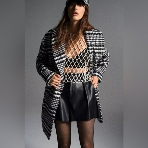 Anthropologie Plaid Checkered Long Coat Preppy Contemporary Neutral Chic - Picture 1 of 15